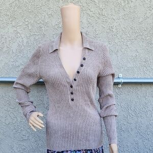 White House Black Market HENLEY Tan V-Neck Sweater